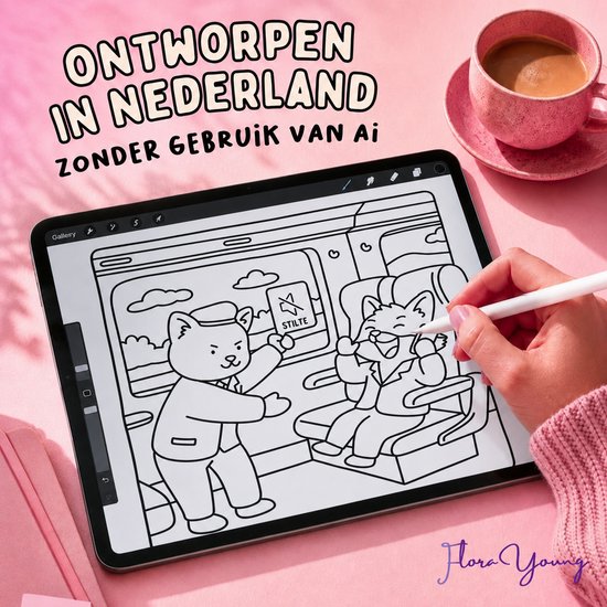 Tablet met kleurplaat van twee katten in een trein, één kat met "STILTE"-bord.