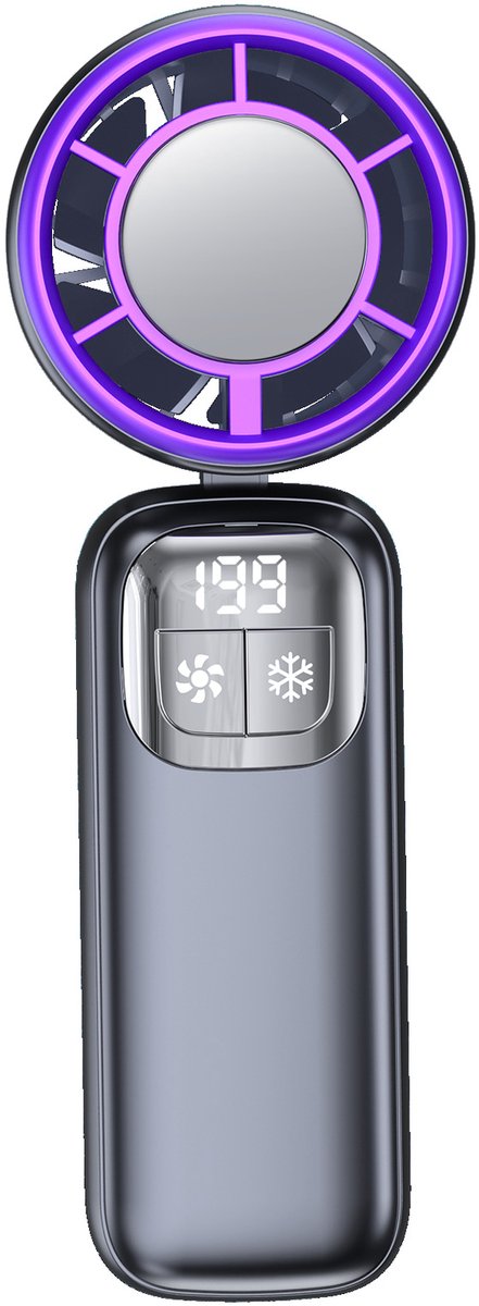 Draagbare mini-koelventilator met halfgeleiderkoeling, 199 snelheden, digitaal display, 90° inklapbaar, 96 uur batterijduur, opladen via USB-C, standen voor handgebruik/nekband/bureau
