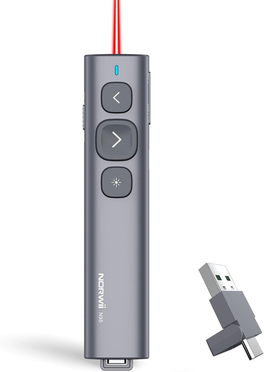 Thijox - Draadloze Presentatieklikker N95 met USB-AC Ontvanger, Oplaadbare PowerPoint Afstandsbediening, Rood, Geschikt voor Laptop/PC, Ideaal voor Pr
