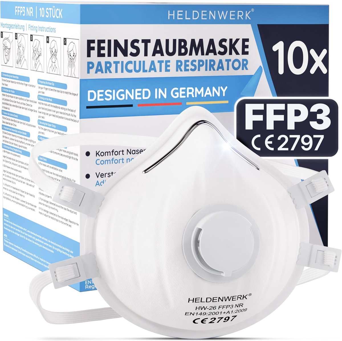 Thijox - FFP3 Masker met Ventiel, Set van 10 Stuks, Ademend Stofmasker, Gecertificeerd uit Duitsland, Verstelbare Hoofdband, Perfect voor Bouwplaats e