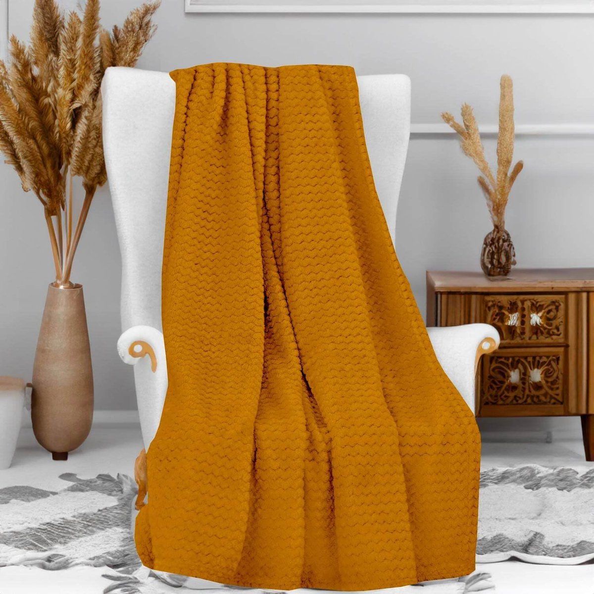 Thijox - Knuffeldeken Microvezel 120x160 cm Mosterd Geel - Jacquard Plaid voor Cocooning, Comfort en Warmte, Perfect voor Thuis, Feest of Buiten