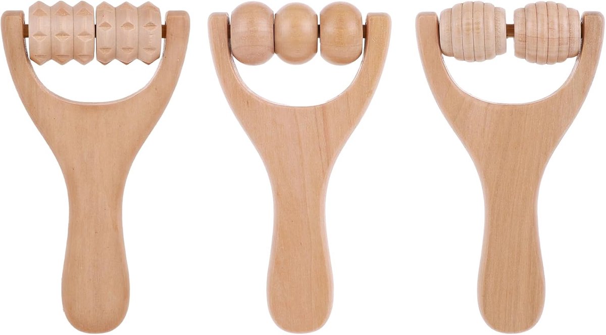 SnelShoppen - Houten Massagerol Set van 3 - Kleine Massagerol voor Gezicht en Lichaam met Handgreep - Natuurlijke Houtkleur - Ontspanning voor Rug, Be