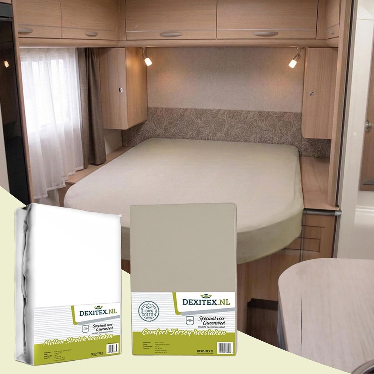 Thijox - Bettlaken Set 2 Stuks voor Queensbett in Woonmobil - 1 Molton en 1 Spannbettlaken Sand (135-160cm x 210cm) - 100% Katoen - Oeko-TEX Keurmerk