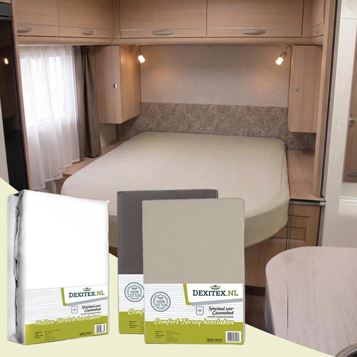 Thijox - Bettlaken Wohnwagen Queensbett 3er Set - 1 Molton + 2 Spannbettlaken in Sand & Antrazit - Hoogwaardige Katoenen Multi-Stretch voor Camping &