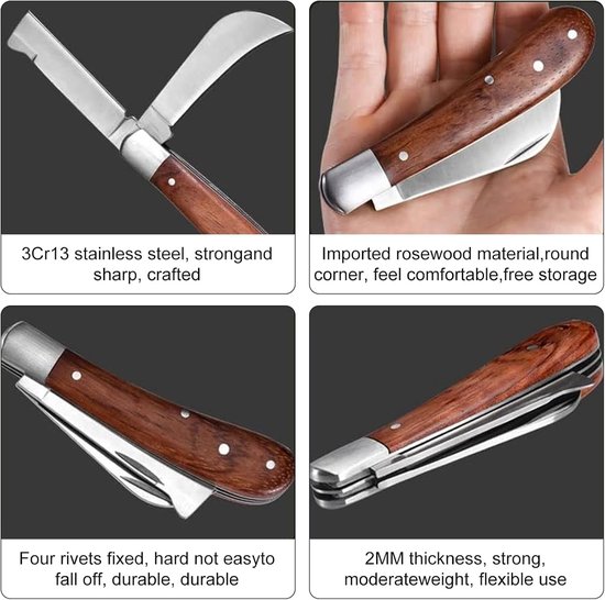 SnelShoppen - Tuinschaar, Grafting Knife, Pocket Knife met 2 RVS Bladen voor Fruitbomen, Multifunctioneel Snoeimes voor Oogsten, Snoeien, Struiken en van Snelshoppen — afbeelding 5
