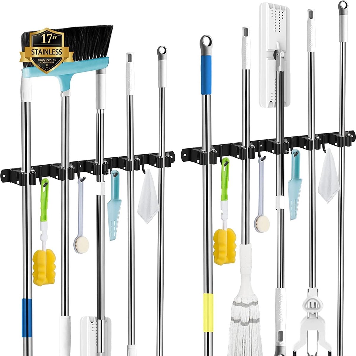 Thijox - Broomhouder Muur 2 Pack - Zware Tool Houder met 5 Houders en 4 Haken - Zelfklevend, Geen Boren Nodig, Perfect voor Tuin en Huishoudelijk Gebr