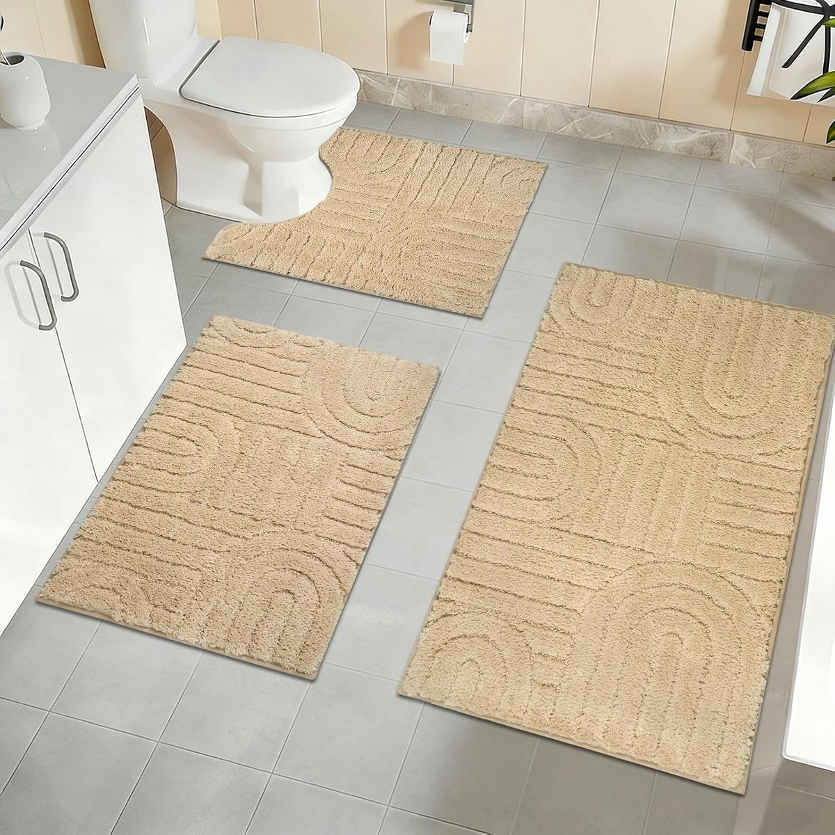Thijox - 3-delige Badmatset Microvezel Badmatten Waterabsorberend Antislip Wasbaar Beige voor Badkamer en Toilet - Zacht Douche- en Toilettapijt