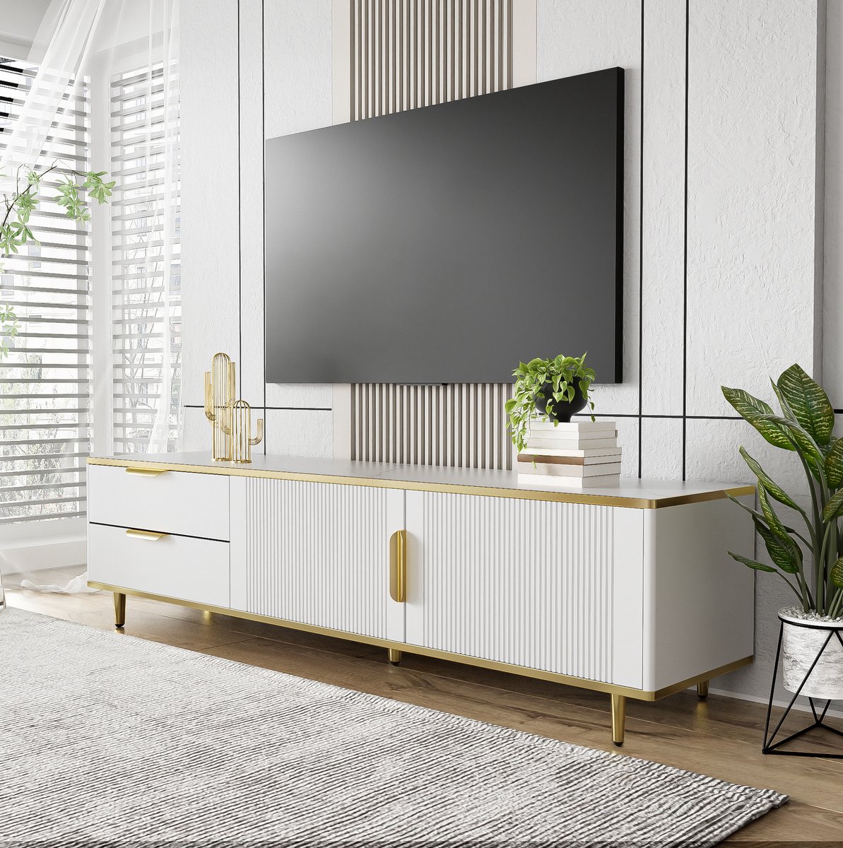 COVREO TV meubel 170 x 37 x 45 cm - wit en goud, met 2 lades en 2 deuren