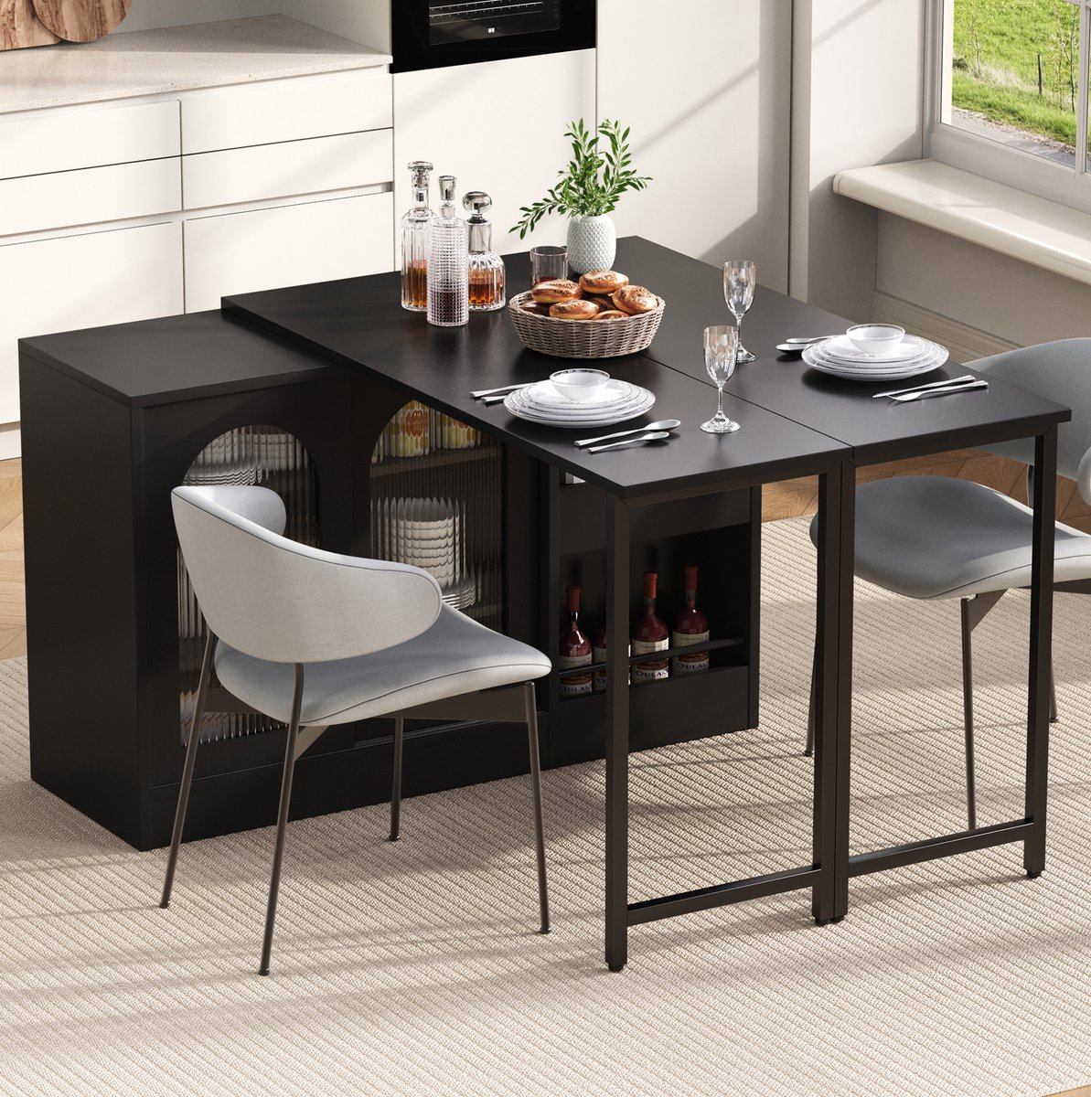 COVREO Bartafel 121,5 x 80 x 76,7 cm - uitschuifbaar, draaibaar, met opbergruimte, zwart