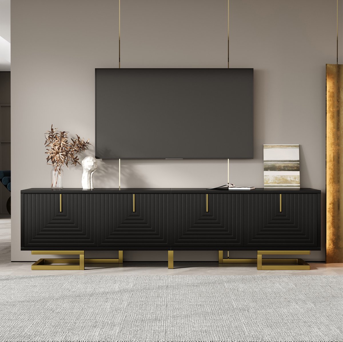 COVREO TV-meubel 160 x 38 x 44,5 cm - 4 deuren, zwarte structuur en gouden accenten