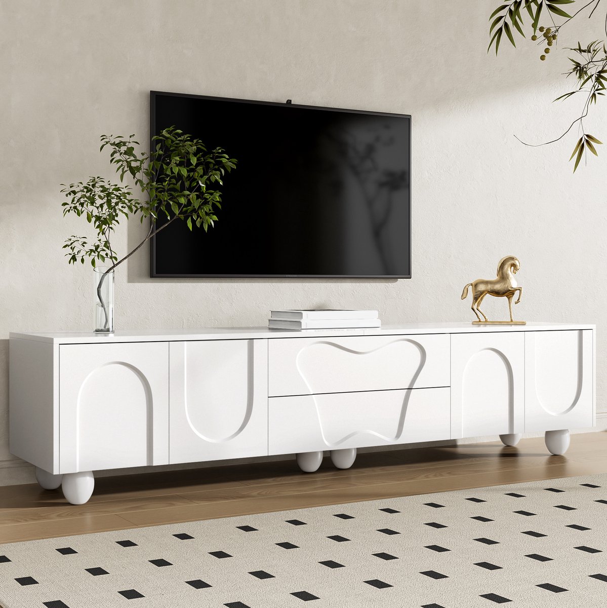 COVREO TV-meubel 180 x 40 x 42 cm - wit, met lades, opbergruimte en houten poten