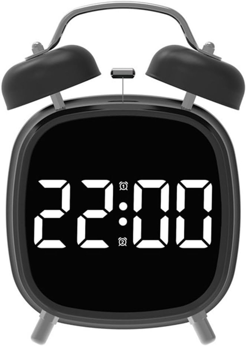 VHV - Digitale Wekker Retro met Dubbele Bel - 70 dB Alarm, LED Display en Stil Uurwerk - USB of Batterij - Zwart