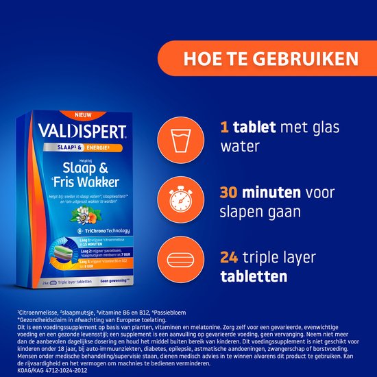 Verpakking van Valdispert Slaap & Fris wakker. Instructies: 1 tablet met water, 30 min voor slapen gaan, 24 tabletten.