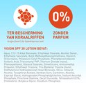 Zijde van verpakking Vision SPF 30 Lotion. Met schildpad-icoon voor koraalriffen en '0% ZONDER PARFUM'.