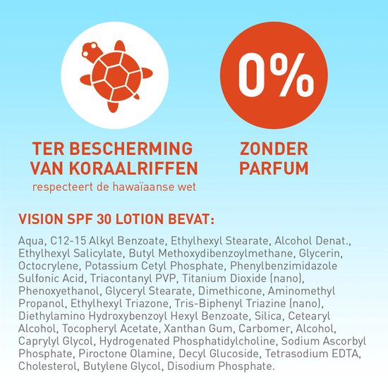 Zijde van verpakking Vision SPF 30 Lotion. Met schildpad-icoon voor koraalriffen en '0% ZONDER PARFUM'.