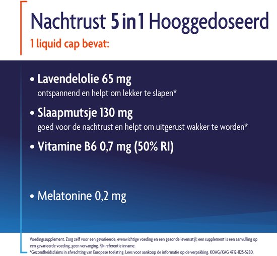 Een liquid cap van 1,2 cm en een opsomming van de ingrediënten: Lavendelolie, Slaapmutsje, Vitamine B6, Melatonine.