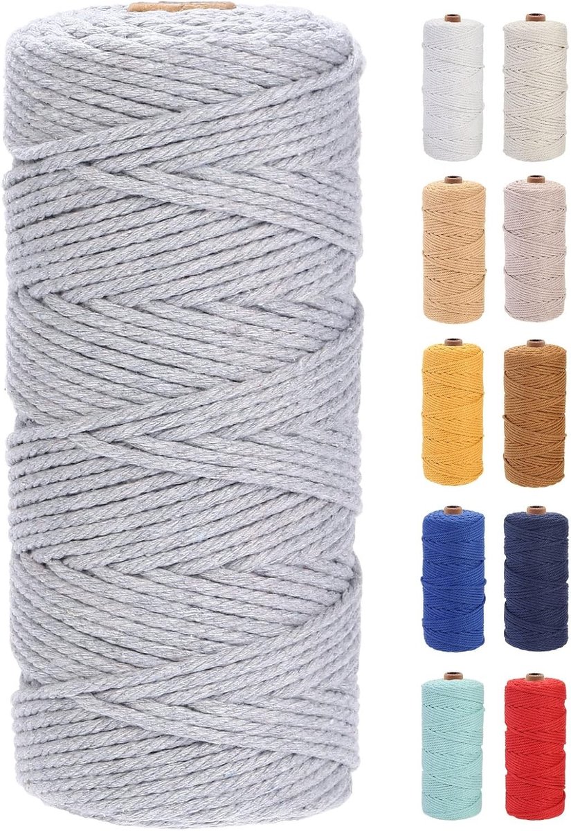 Premium Katoenen Macramé Touw 3mm x 100m, Zacht en Duurzaam, Ideaal voor Macramé Projecten en Creatieve Ambachten, Chemisch Vrij (Lichtgrijs)