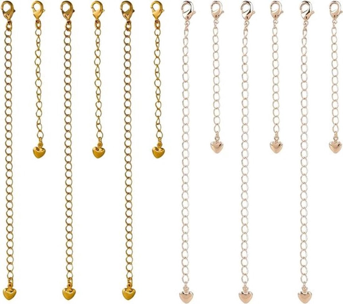 Kettingverlengstukken - Verstelbare lengte - Hartvormig - Set van 12 - Armband Enkelband - Goud en Zilver - Geschikt voor Alle Sieraden - Zilverkleurig model