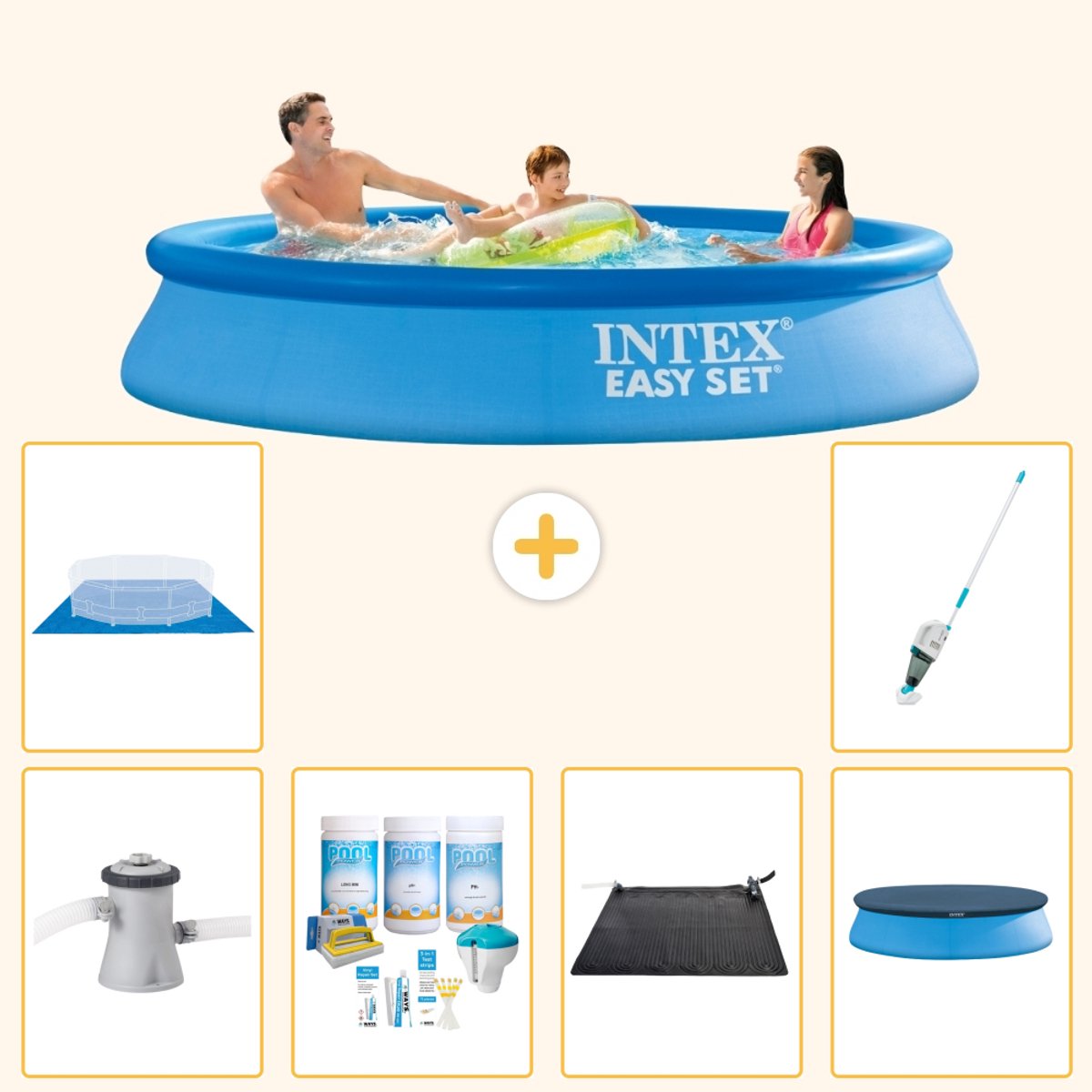 Intex Rond Opblaasbaar Easy Set Zwembad - 305 x 61 cm - Blauw - Inclusief Pomp - Onderhoudspakket - Solar Mat - Afdekzeil - Grondzeil - Stofzuiger - 7-delig