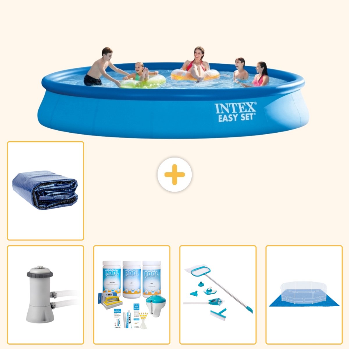 Intex Rond Opblaasbaar Easy Set Zwembad - 457 x 84 cm - Blauw - Inclusief Pomp - Onderhoudspakket - Schoonmaakset - Grondzeil - Solarzeil - 6-delig
