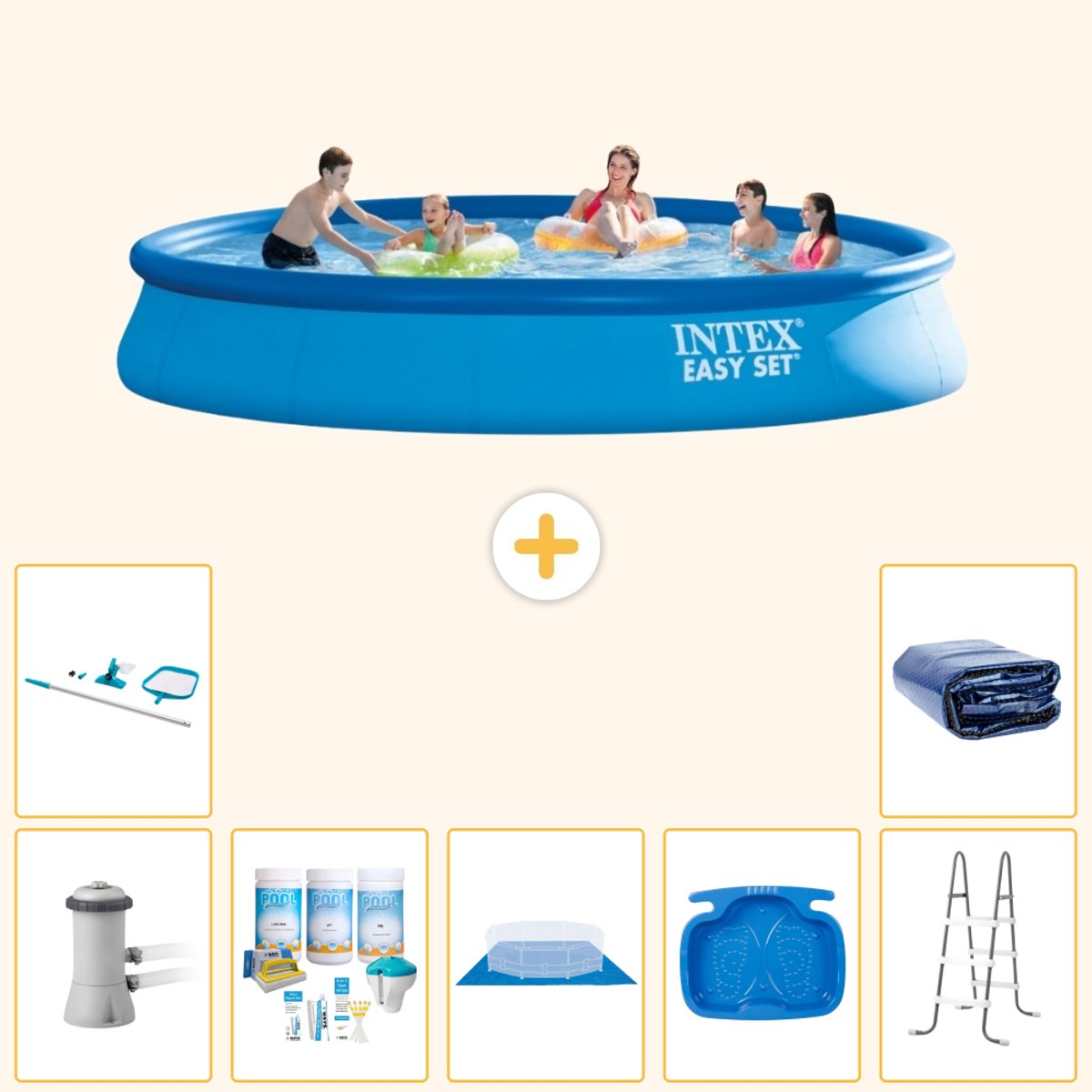 Intex Rond Opblaasbaar Easy Set Zwembad - 457 x 84 cm - Blauw - Inclusief Pomp - Onderhoudspakket - Grondzeil - Voetenbad - Ladder - Schoonmaakset - Solarzeil - 8-delig