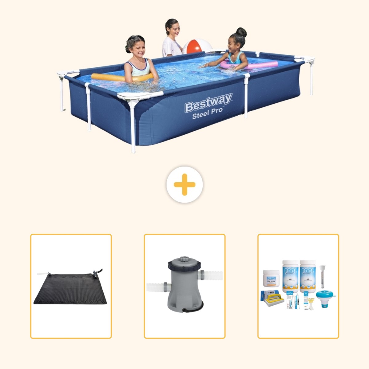 Bestway Rechthoekig Steel Pro Zwembad - 221 x 150 x 43 cm - Blauw - Inclusief Solar Mat - Zwembadfilterpomp - Onderhoudspakket - 4-delig