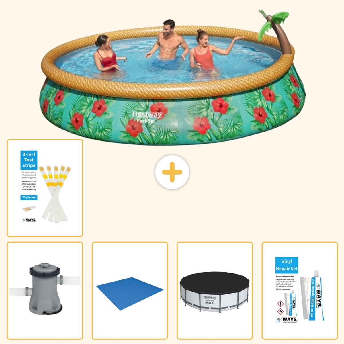 Bestway Rond Opblaasbaar Fast Set Zwembad - Paradijsprint - 457 x 84 cm - Inclusief Pomp - Grondzeil - Afdekzeil - Reparatiesetje - Testrips - 6-delig