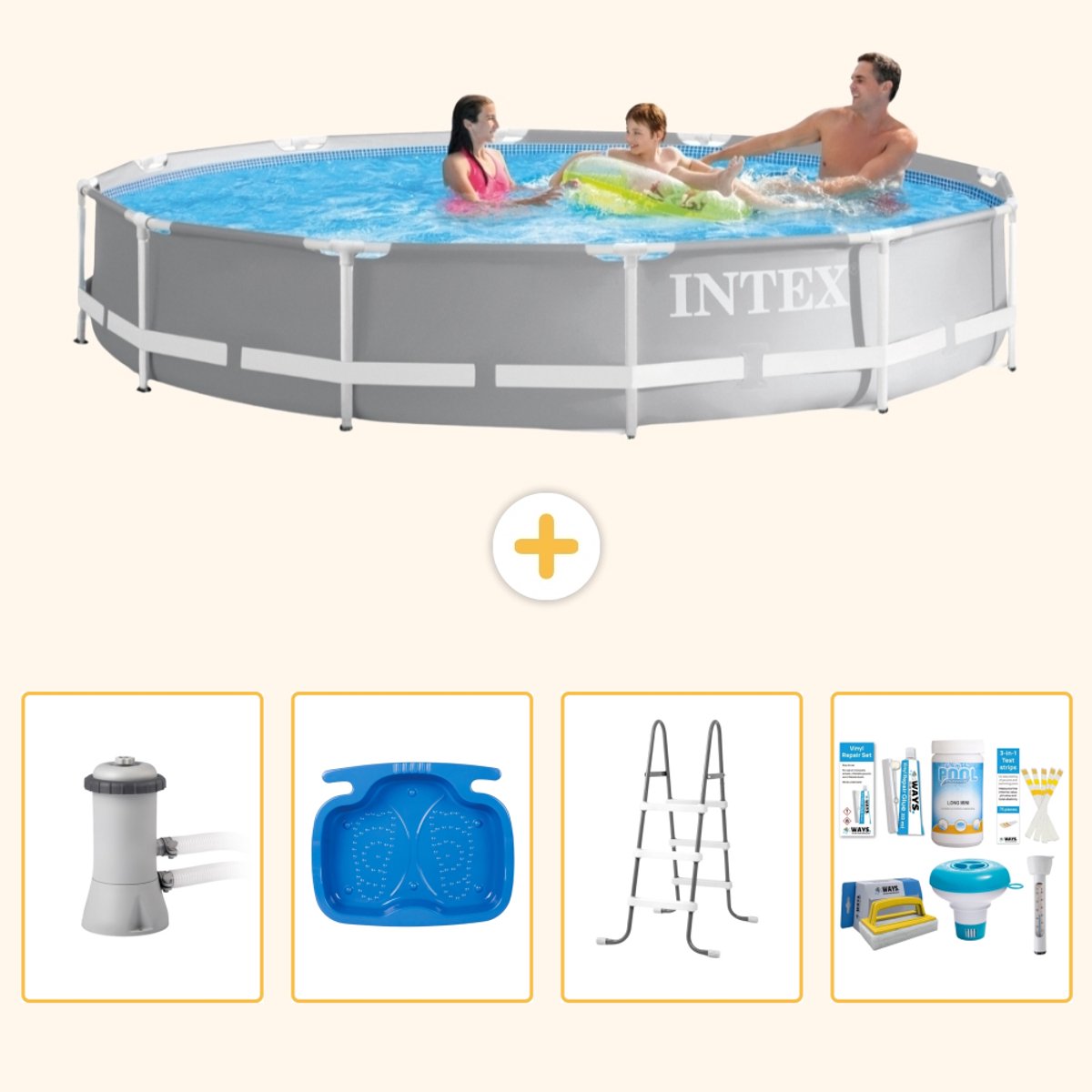 Intex Rond Prism Frame Zwembad - 366 x 76 cm - Grijs - Inclusief Pomp - Voetenbad - Ladder - Onderhoudspakket - 5-delig