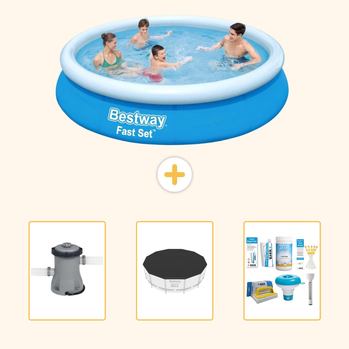 Bestway Rond Opblaasbaar Fast Set Zwembad - 366 x 76 cm - Blauw - Inclusief Pomp - Afdekzeil - Onderhoudspakket - 4-delig