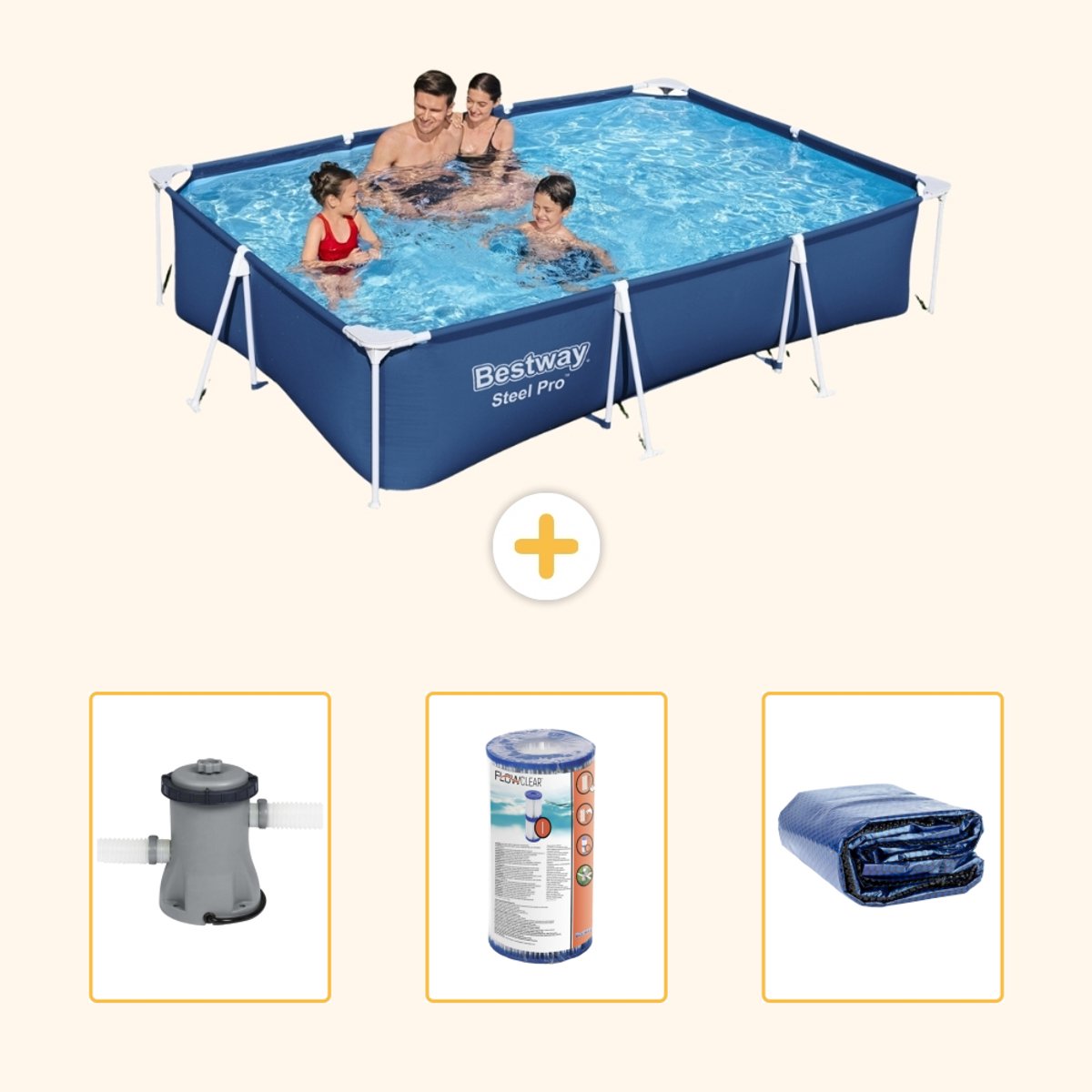 Bestway Rechthoekig Steel Pro Zwembad - 300 x 201 x 66 cm - Blauw - Inclusief Pomp - Filter - Solarzeil - 4-delig