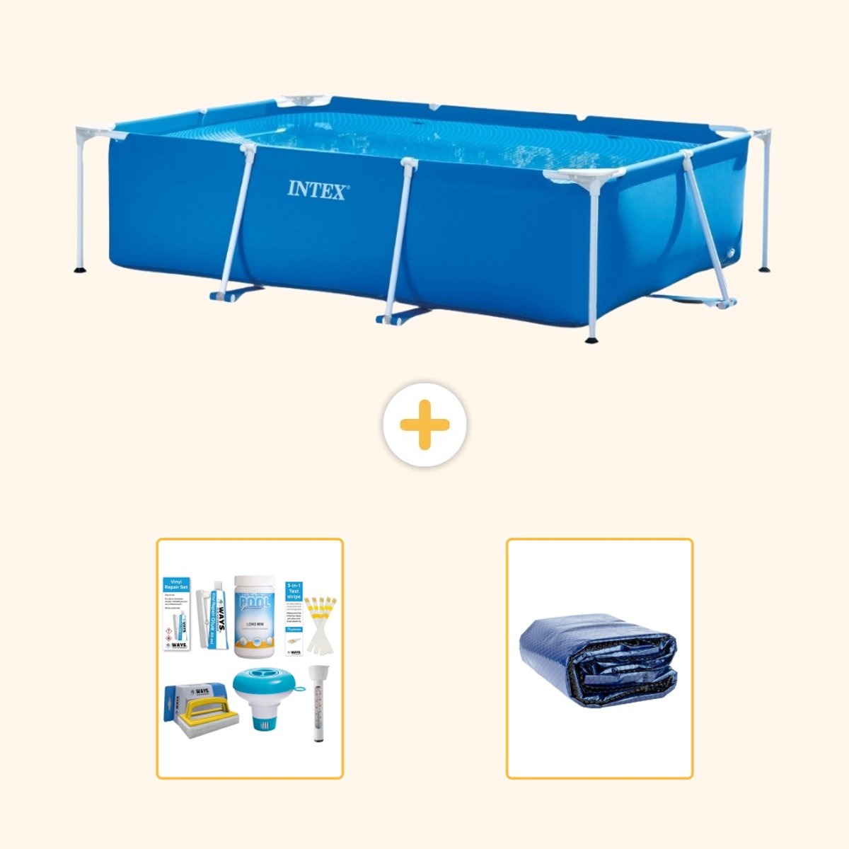Intex Rechthoekig Frame Zwembad - 260 x 160 x 65 cm - Blauw - Inclusief Onderhoudspakket - Solarzeil - 3-delig