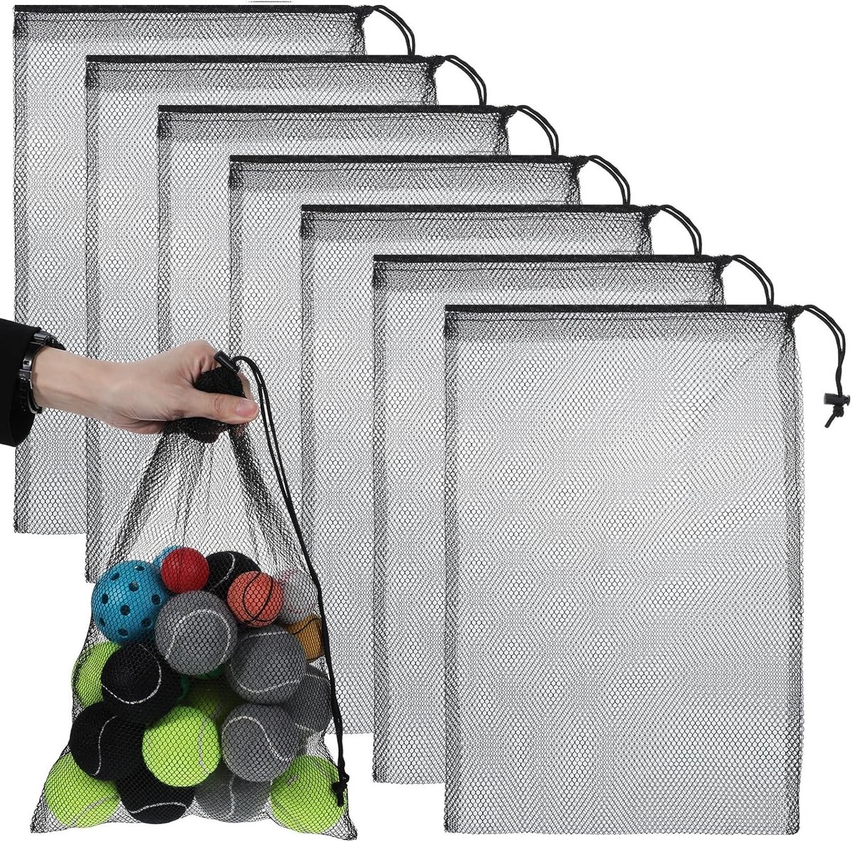 Set van 7 Multifunctionele Mesh Tassen met Trekkoord voor Zwemmen, Gym, Reizen en Opslag (30 x 40 cm)