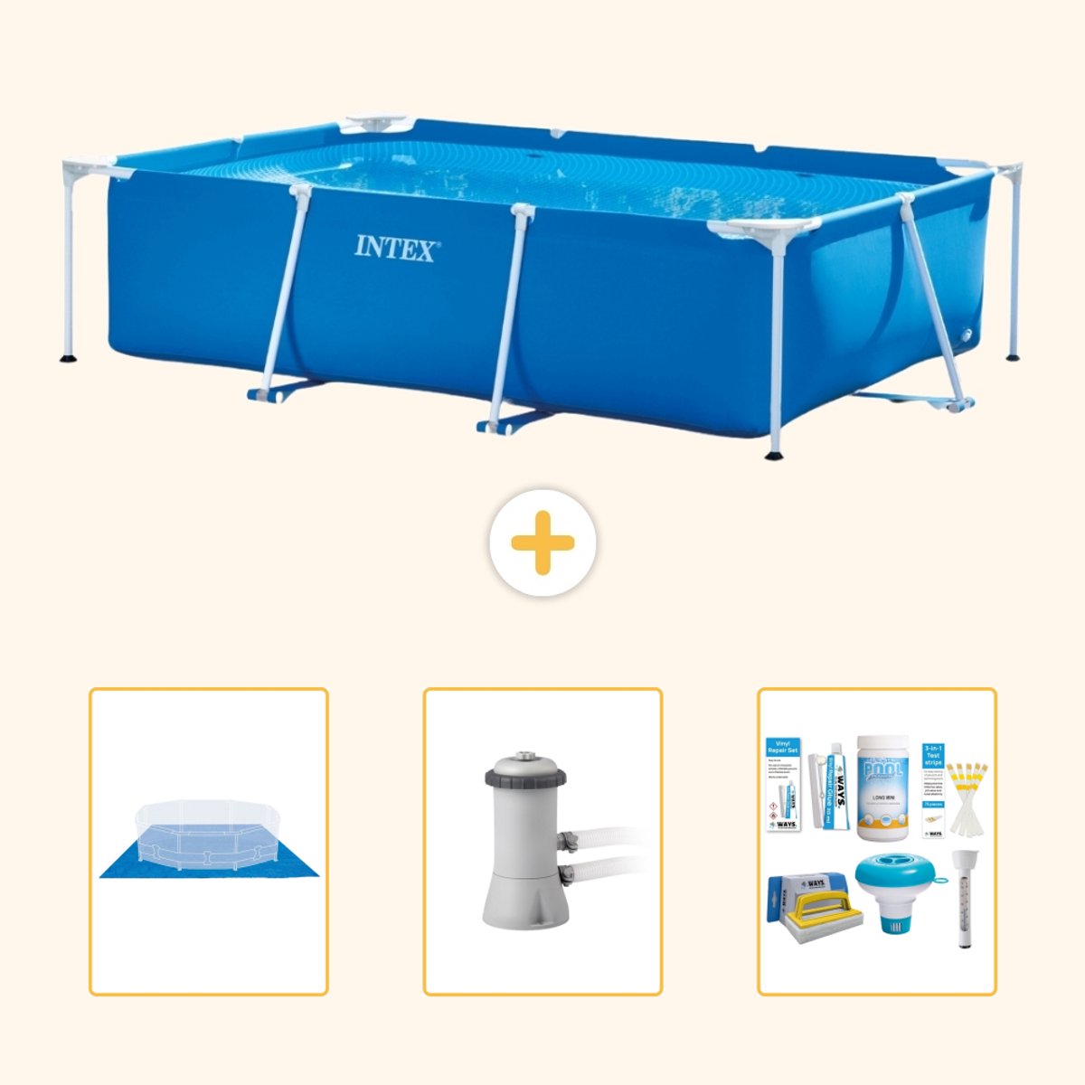 Intex Rechthoekig Frame Zwembad - 300 x 200 x 75 cm - Blauw - Inclusief Grondzeil - Zwembadfilterpomp - Onderhoudspakket - 4-delig