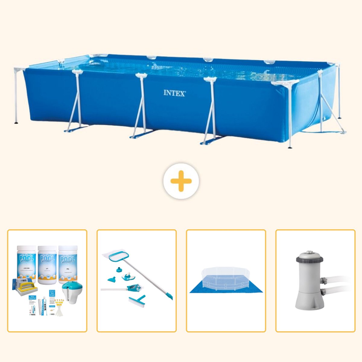 Intex Rechthoekig Frame Zwembad - 450 x 220 x 84 cm - Blauw - Inclusief Onderhoudspakket - Schoonmaakset - Grondzeil - Zwembadfilterpomp - 5-delig