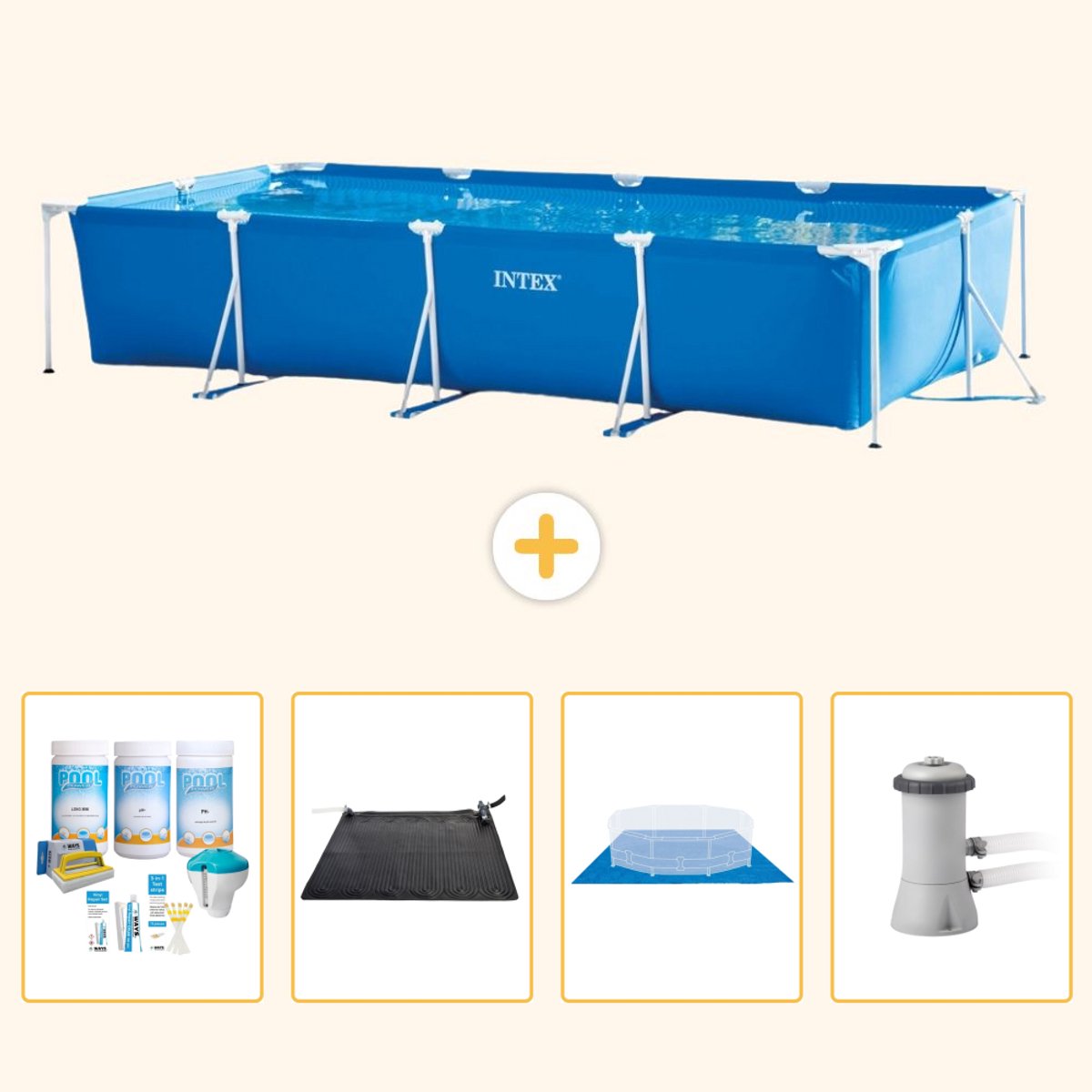 Intex Rechthoekig Frame Zwembad - 450 x 220 x 84 cm - Blauw - Inclusief Onderhoudspakket - Solar Mat - Grondzeil - Zwembadfilterpomp - 5-delig