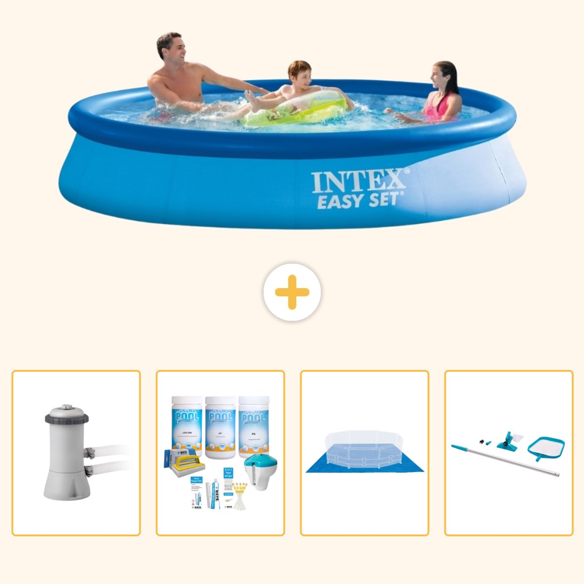 Intex Rond Opblaasbaar Easy Set Zwembad - 366 x 76 cm - Blauw - Inclusief Pomp - Onderhoudspakket - Grondzeil - Schoonmaakset - 5-delig