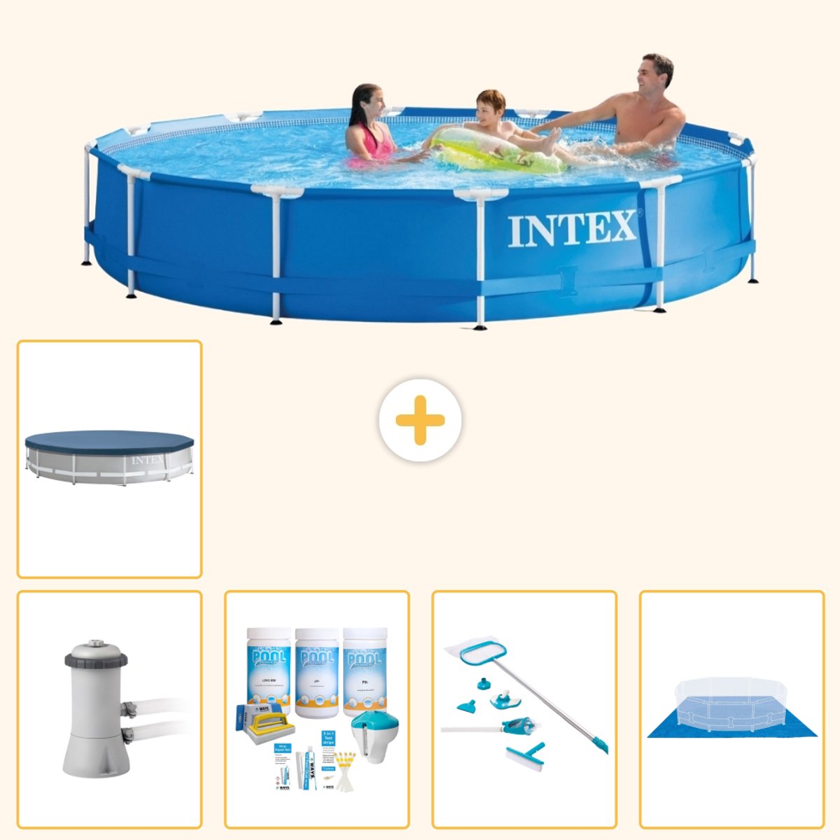 Intex Rond Frame Zwembad - 366 x 76 cm - Blauw - Inclusief Pomp - Onderhoudspakket - Schoonmaakset - Grondzeil - Afdekzeil - 6-delig