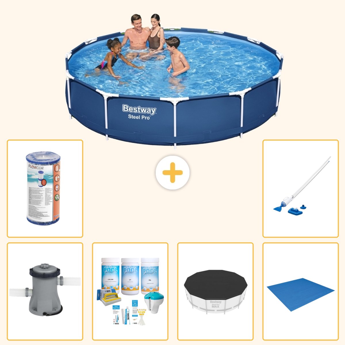 Bestway Rond Steel Pro Zwembad - 366 x 76 cm - Blauw - Inclusief Pomp - Onderhoudspakket - Afdekzeil - Grondzeil - Filter - Stofzuiger - 7-delig
