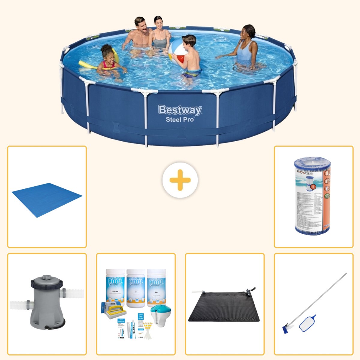 Bestway Rond Steel Pro Zwembad - 396 x 84 cm - Blauw - Inclusief Pomp - Onderhoudspakket - Solar Mat - Schoonmaakset - Grondzeil - Filter - 7-delig