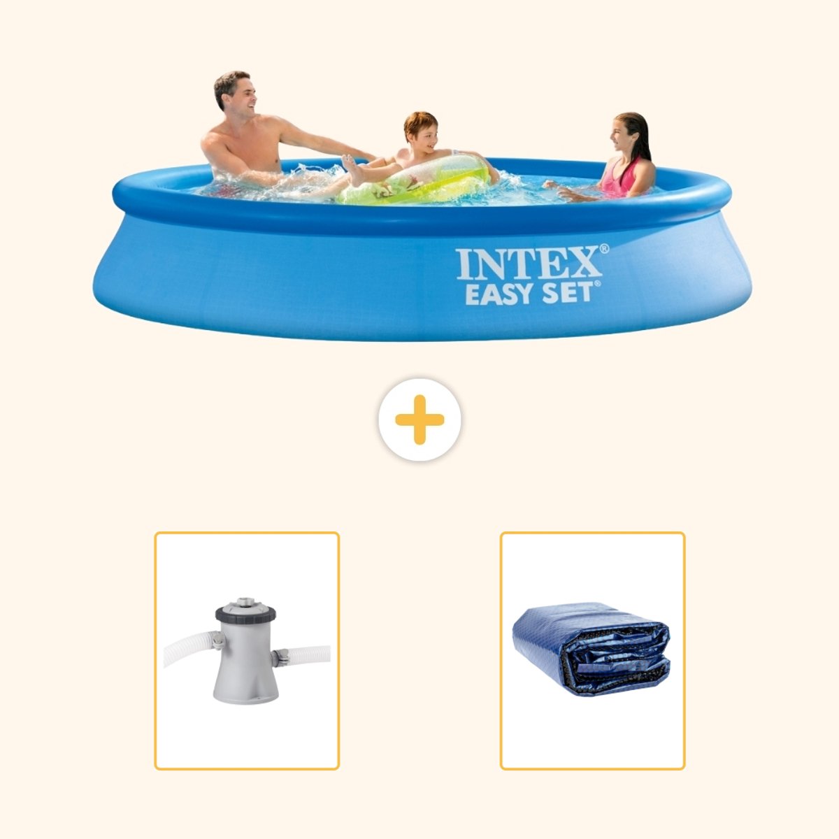 Intex Rond Opblaasbaar Easy Set Zwembad - 305 x 61 cm - Blauw - Inclusief Pomp - Solarzeil - 3-delig