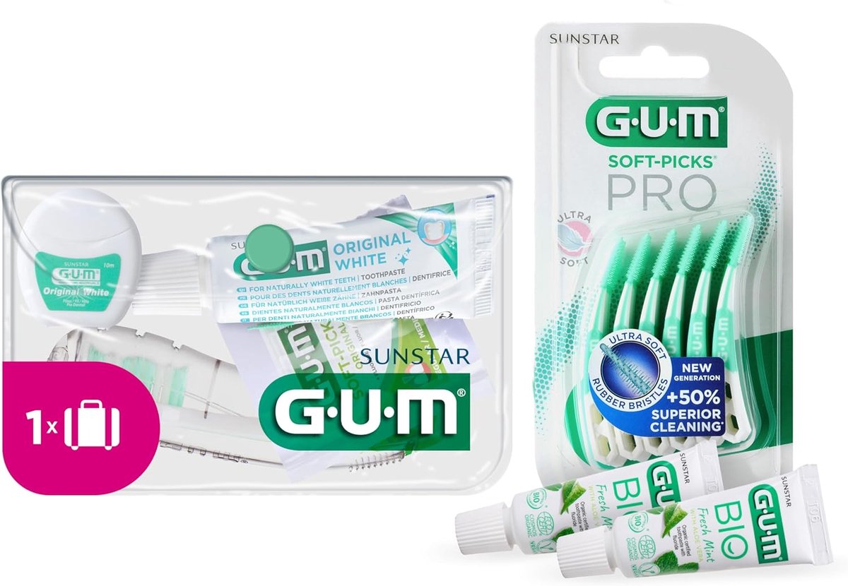 Thijox - GUM Reisset met Opvouwbare Tandenborstel, Originele Witte Tandpasta, Witte Tandzijde, 2 Zachte Plectrums en 2 Bonusmonsters voor Complete Mon
