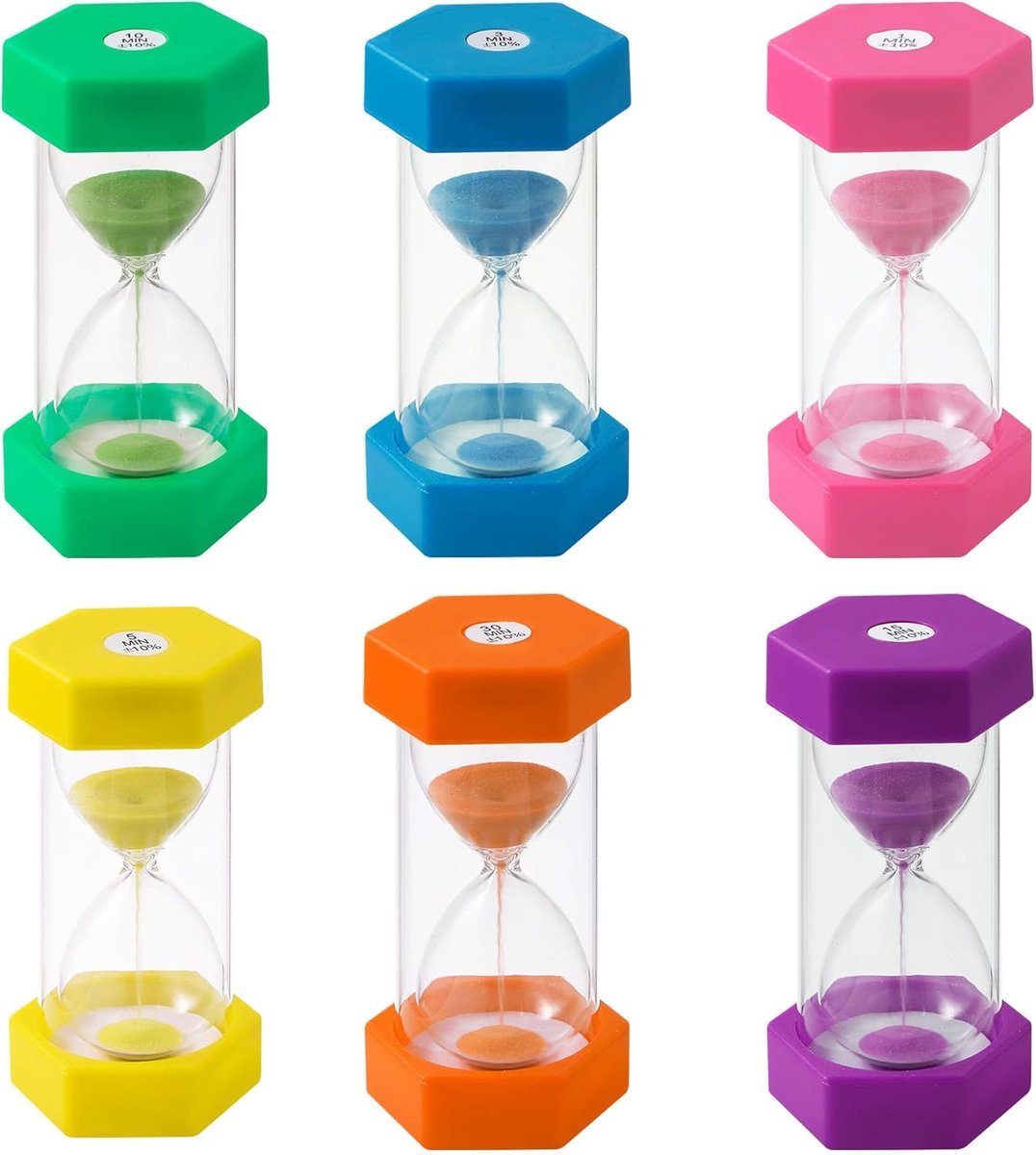 Thijox - Set van 6 Kleurrijke Zandlopers voor Kinderen, Speeltimer met 1/3/5/10/15/30 Minuten, Hoofdzakelijk Acryl met Hoogwaardig PVC, Creatieve Gesc