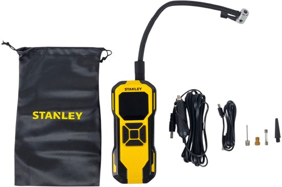 Gonfleur de pneu à batterie jaune et noir, sac de transport noir avec logo "STANLEY", chargeur de voiture, câble USB et accessoires.