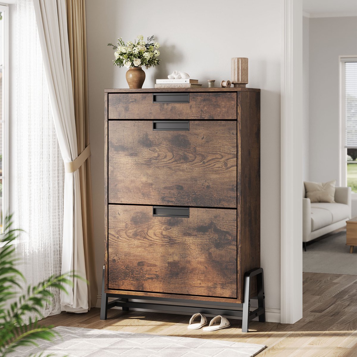 Schoenenkast Vintage met 2 Kleppen en 1 Lade - 60x24x96cm - Schoenenrek - Schoenenmeubel Smal - 3 Lagen - Verstelbare Planken - Metalen Onderstel - Vrijstaand - Voor Hal Woonkamer Entree - Bruin