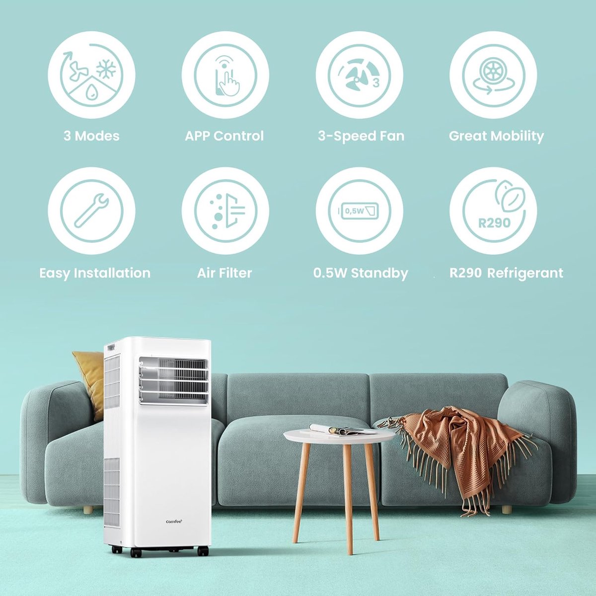 Mobiele airco 7000 BTU – 3-in-1 met appbediening, ontvochtiger en ventilator – 2,0 kW – Met afvoerslang – foto 4
