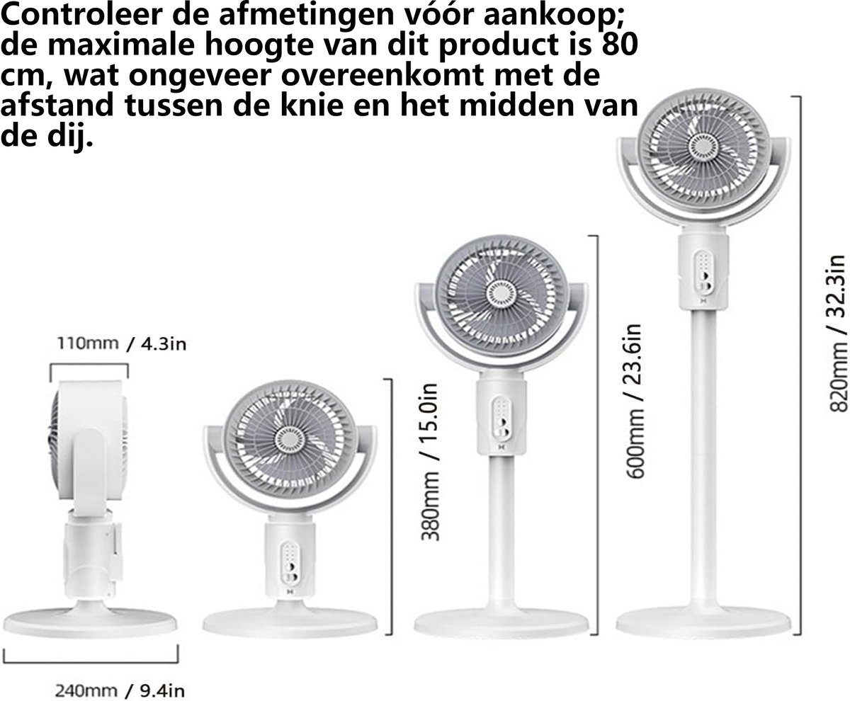 KZQ Staande Ventilator Voor Slaapkamer - Luchtcirculator - 90° En 180° Oscillerend - 5 Snelheden - 3 In 1 Vloer En Tafel Model - 38cm 60cm 82cm Verstelbare Hoogte - Met Afstandsbediening - Voor Thuis En Studentenkamer - Wit – foto 2