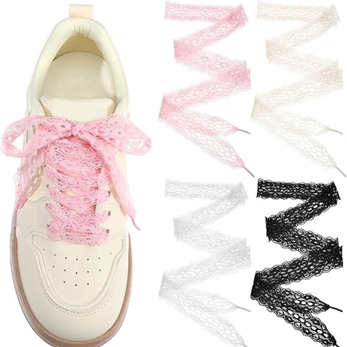 4 paar schoenveters -- Vetersluiting -- 3 cm platte en zachte schoenveters -- Opengewerkte veters voor sneakers -- Geschikt voor dames en meisjes -- Geschikt voor schoenversiering en feestdecoratie -- Wit/Beige/Zwart/Roze -- 3*160 cm