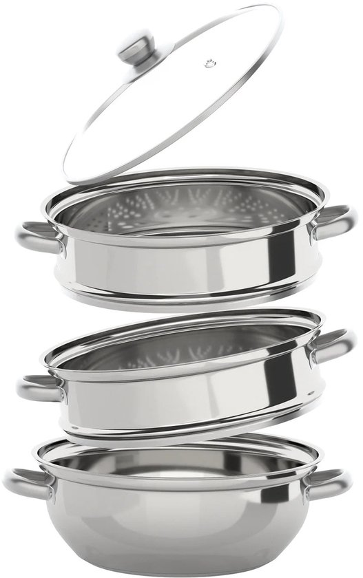 Sello! stoompan – stoompot – stoomkoker – glazen deksel – inductie – gas – keramisch – 3 lagen – roestvrij staal – Ø28 cm