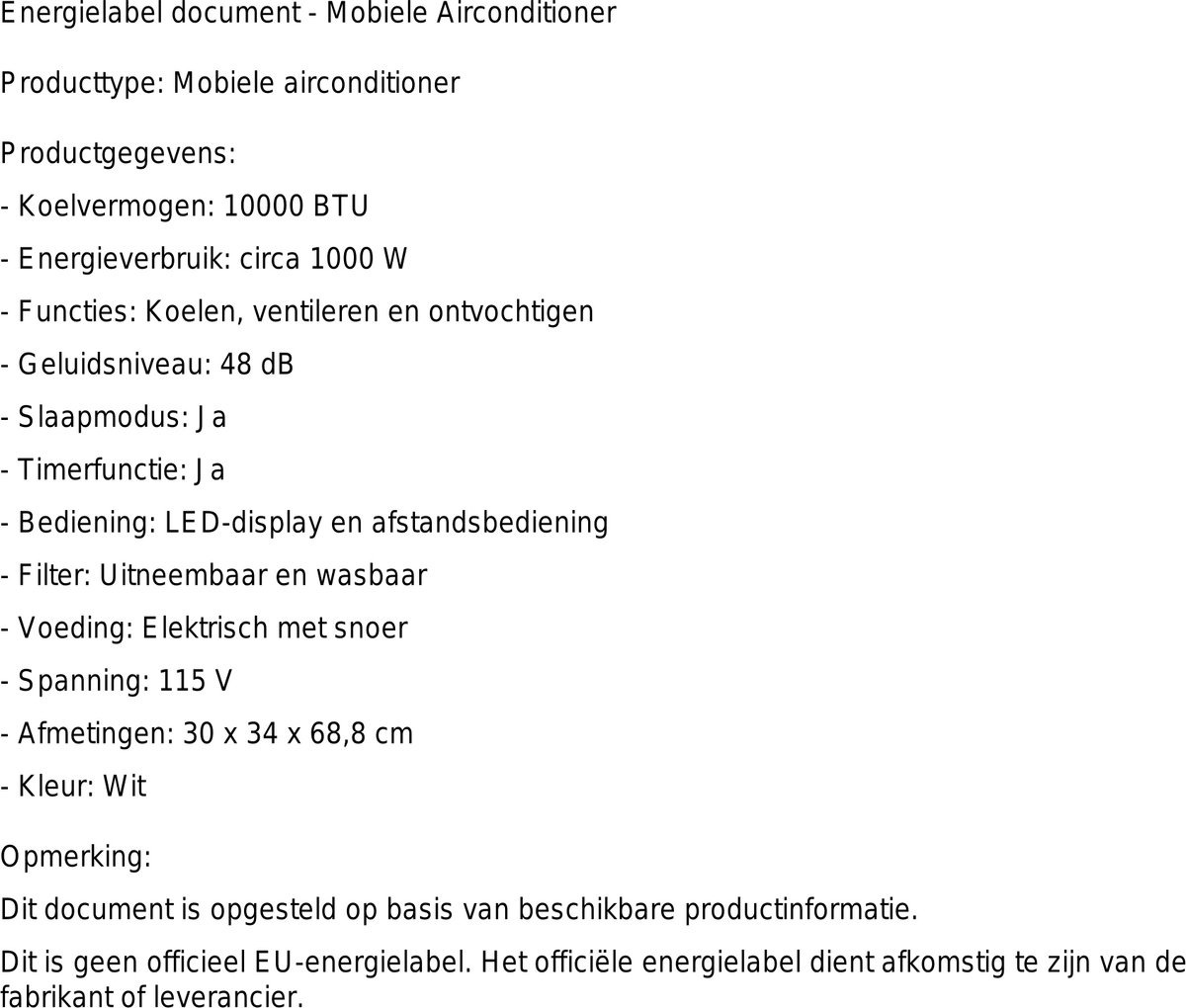 Mobiele airco 10000 BTU stil draagbaar met ontvochtiger, afstandsbediening en 4-in-1 functie – foto 2