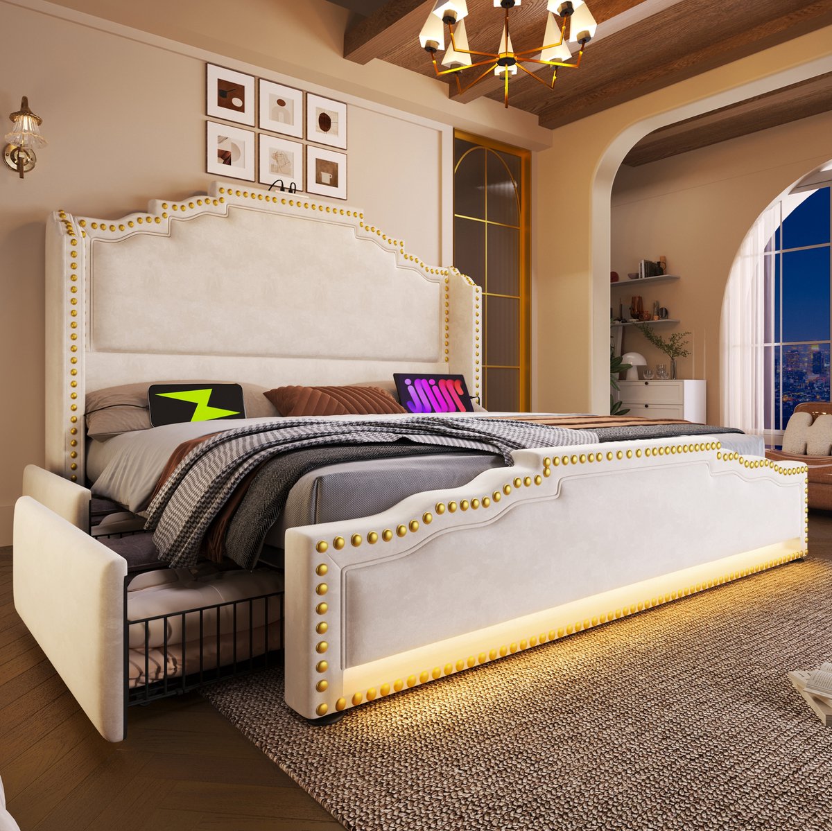 STILVORA Gestoffeerd Bed 180x200 cm – Tweepersoonsbed met LED-Verlichting en USB-C – 4 Lades en Lattenbodem – Velours – Beige – Zonder Matras